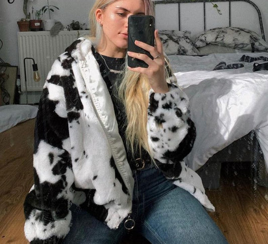 Cow Print Coat Warm Zipper - Autumn Winter Casual Loose Fluffy Jacket Ladies - myfunfarm