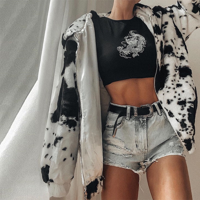 Cow Print Coat Warm Zipper - Autumn Winter Casual Loose Fluffy Jacket Ladies - myfunfarm