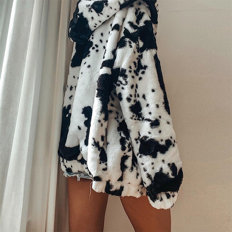 Cow Print Coat Warm Zipper - Autumn Winter Casual Loose Fluffy Jacket Ladies - myfunfarm