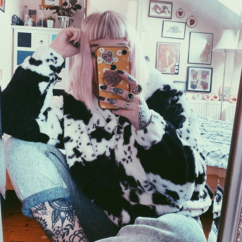 Cow Print Coat Warm Zipper - Autumn Winter Casual Loose Fluffy Jacket Ladies - myfunfarm