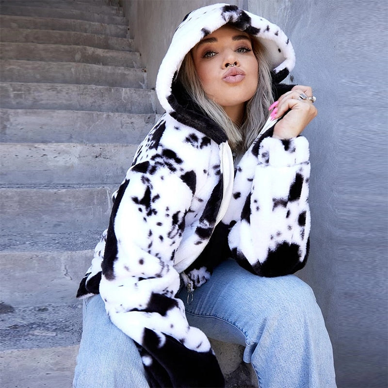 Cow Print Coat Warm Zipper - Autumn Winter Casual Loose Fluffy Jacket Ladies - myfunfarm