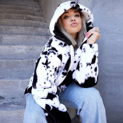 Cow Print Coat Warm Zipper - Autumn Winter Casual Loose Fluffy Jacket Ladies - myfunfarm