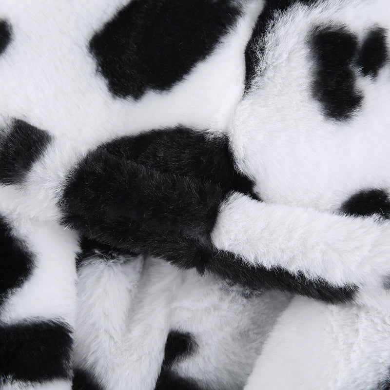 Cow Print Coat Warm Zipper - Autumn Winter Casual Loose Fluffy Jacket Ladies - myfunfarm