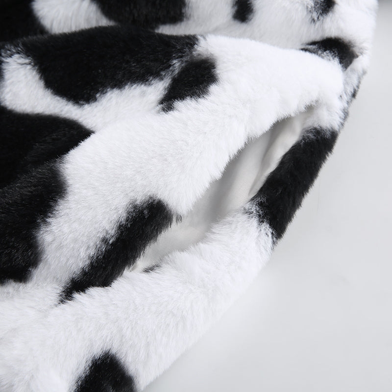 Cow Print Coat Warm Zipper - Autumn Winter Casual Loose Fluffy Jacket Ladies - myfunfarm