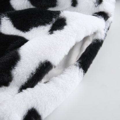 Cow Print Coat Warm Zipper - Autumn Winter Casual Loose Fluffy Jacket Ladies - myfunfarm