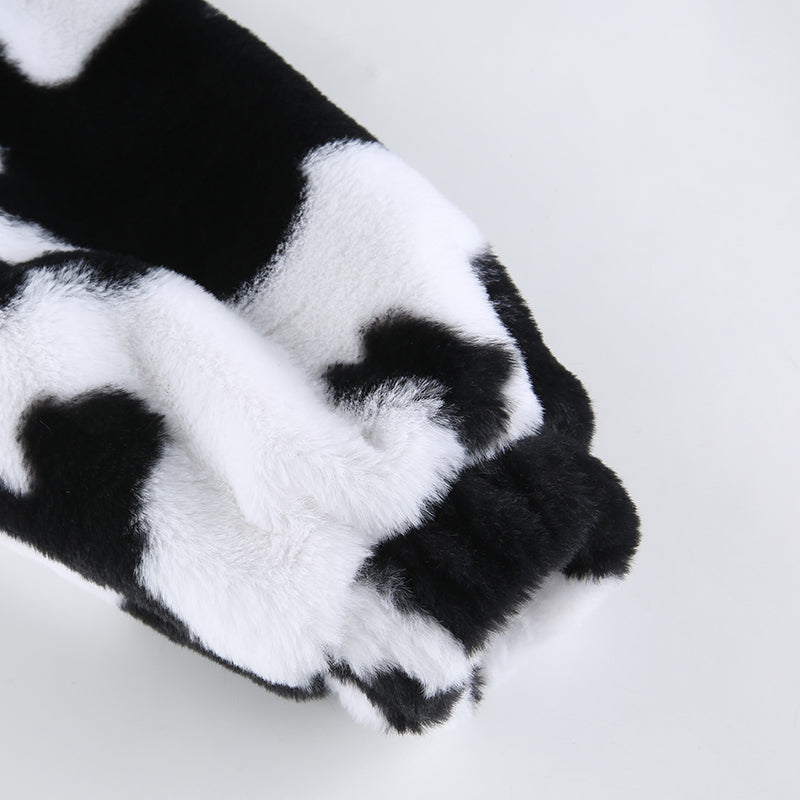 Cow Print Coat Warm Zipper - Autumn Winter Casual Loose Fluffy Jacket Ladies - myfunfarm