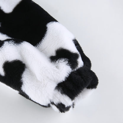 Cow Print Coat Warm Zipper - Autumn Winter Casual Loose Fluffy Jacket Ladies - myfunfarm