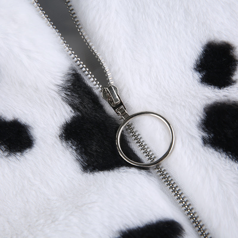Cow Print Coat Warm Zipper - Autumn Winter Casual Loose Fluffy Jacket Ladies - myfunfarm