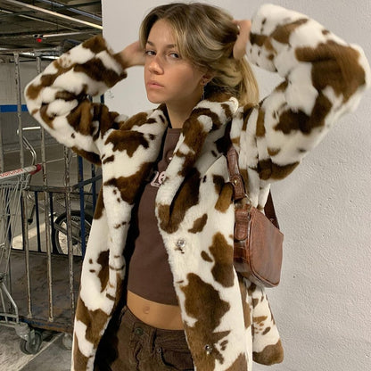 Fur Thicken Warm Cow Printed Coat Long Sleeve Outfits Women Autumn Winter - myfunfarm