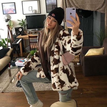 Fur Thicken Warm Cow Printed Coat Long Sleeve Outfits Women Autumn Winter - myfunfarm