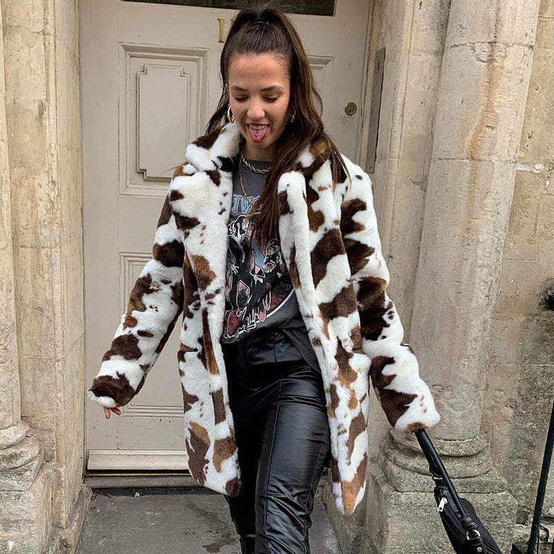 Fur Thicken Warm Cow Printed Coat Long Sleeve Outfits Women Autumn Winter - myfunfarm