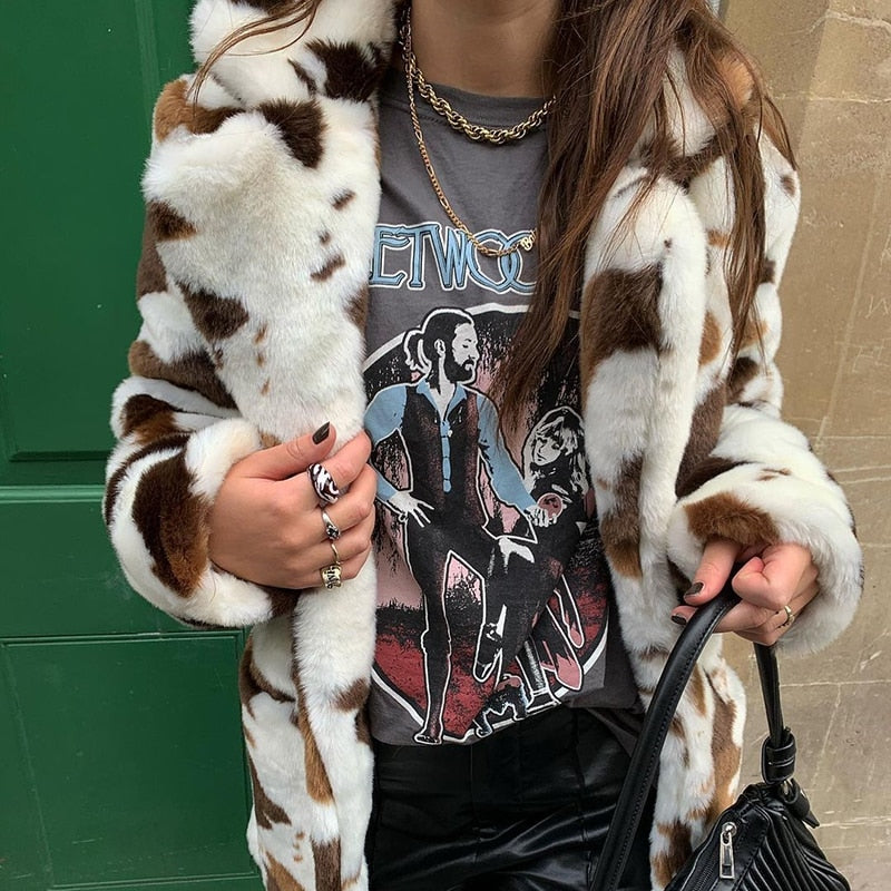 Fur Thicken Warm Cow Printed Coat Long Sleeve Outfits Women Autumn Winter