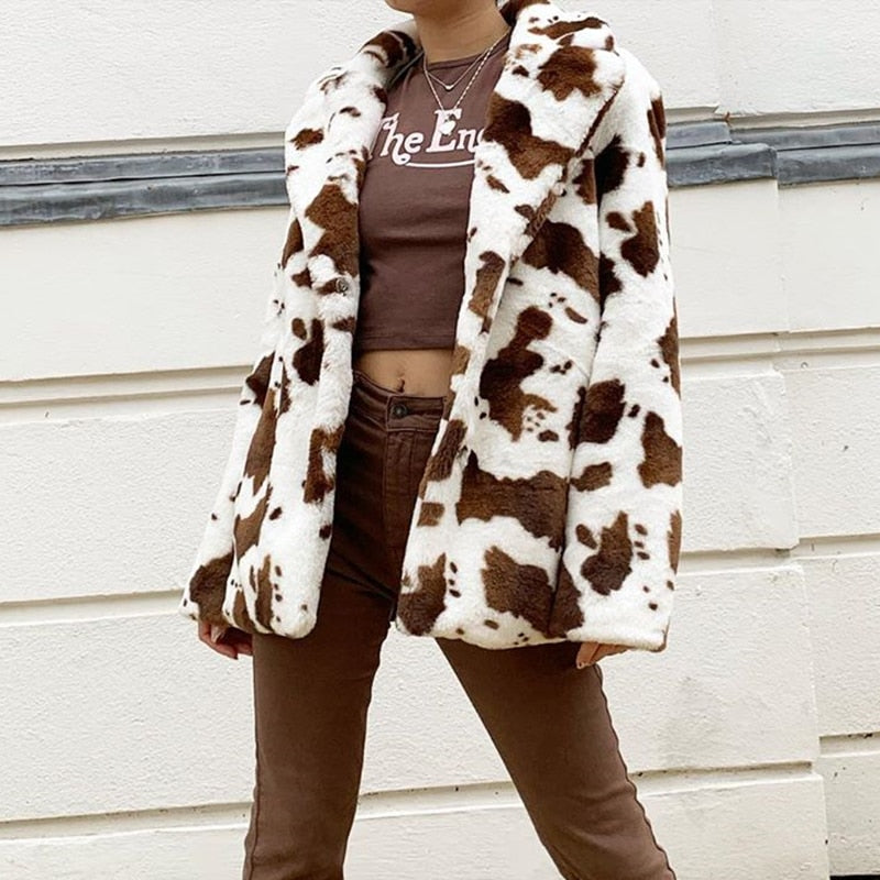 Fur Thicken Warm Cow Printed Coat Long Sleeve Outfits Women Autumn Winter - myfunfarm