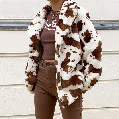 Cow Pattern  Brown Coats Streetwear Women Warm Winter - myfunfarm