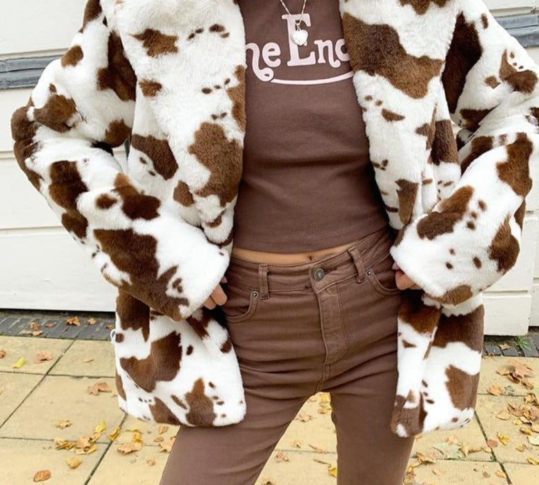 Cow Pattern  Brown Coats Streetwear Women Warm Winter - myfunfarm