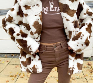 Cow Pattern  Brown Coats Streetwear Women Warm Winter