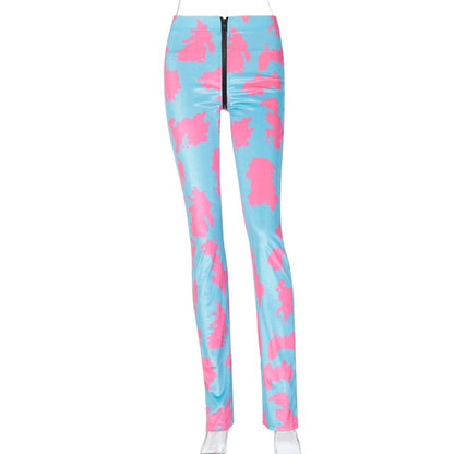 Cow Print Zipper Velvet Women Stacked Pants High Waist Fashion Street Style Slim - myfunfarm