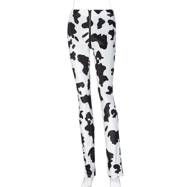 Cow Print Zipper Velvet Women Stacked Pants High Waist Fashion Street Style Slim - myfunfarm