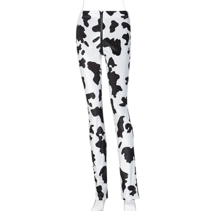 Cow Print Zipper Velvet Women Stacked Pants High Waist Fashion Street Style Slim - myfunfarm