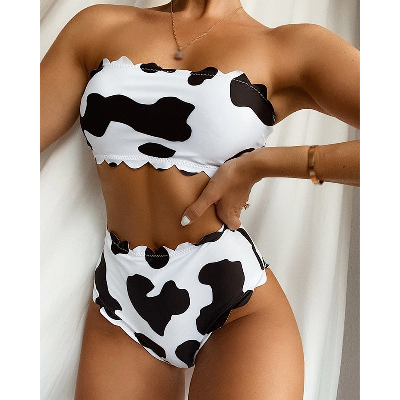 Cow print swimwear female High waist 2 piece suit