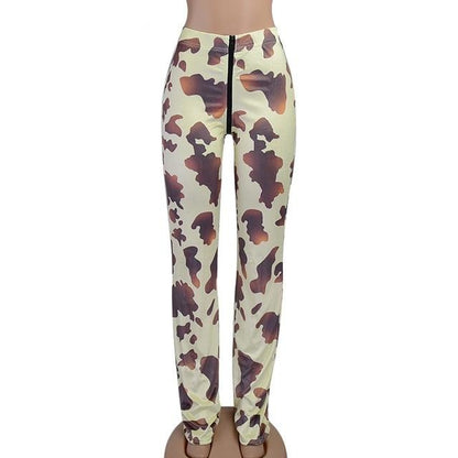 Cow Print Zipper Velvet Women Stacked Pants High Waist Fashion Street Style Slim - myfunfarm