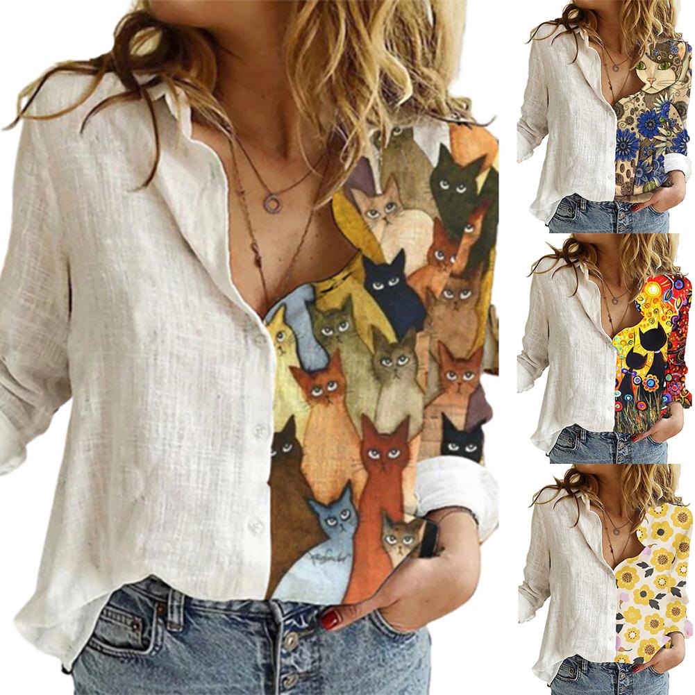 Cute Cat print Women Long Sleeve Shirt - myfunfarm
