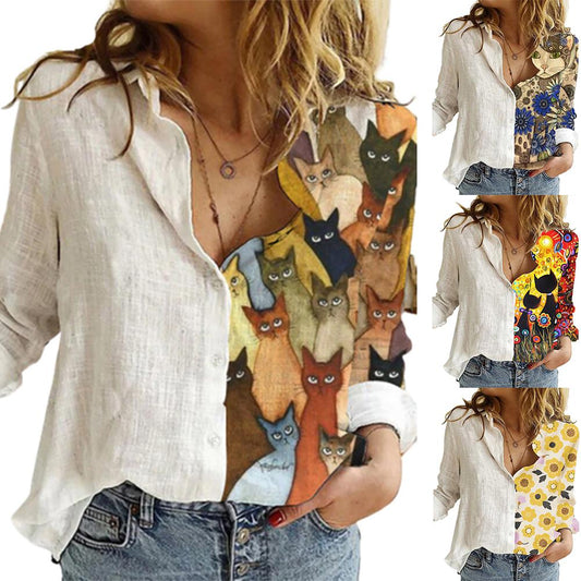 Cute Cat print Women Long Sleeve Shirt - myfunfarm