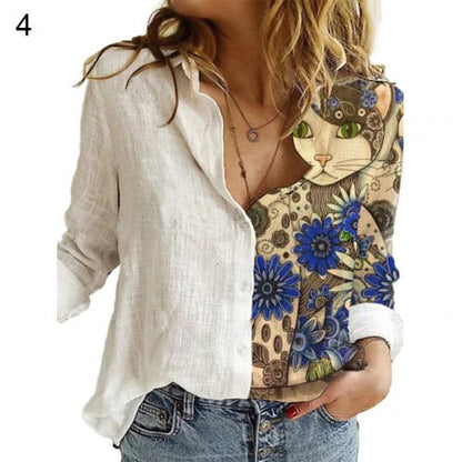 Cute Cat print Women Long Sleeve Shirt - myfunfarm
