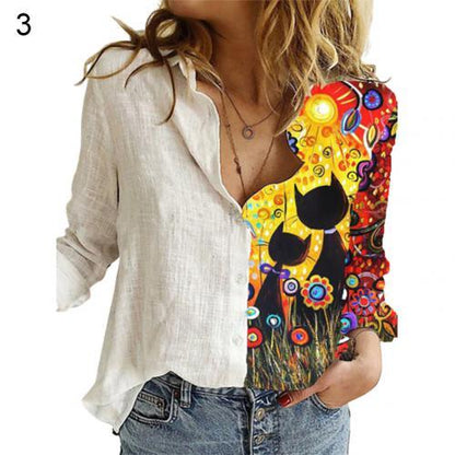 Cute Cat print Women Long Sleeve Shirt - myfunfarm