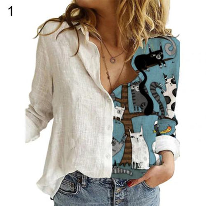 Cute Cat print Women Long Sleeve Shirt - myfunfarm
