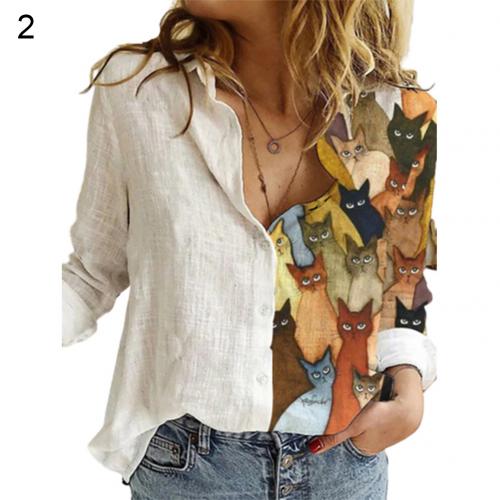 Cute Cat print Women Long Sleeve Shirt - myfunfarm