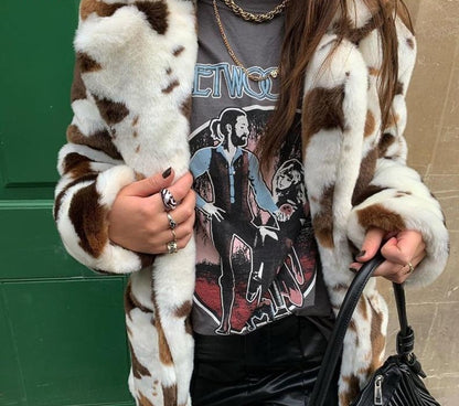 Fur Thicken Warm Cow Printed Coat Long Sleeve Outfits Women Autumn Winter - myfunfarm