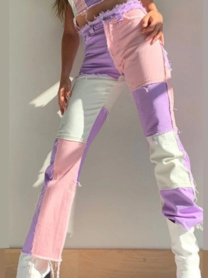 Cowboy style Striped Patchwork Jeans Women's Fashion - myfunfarm