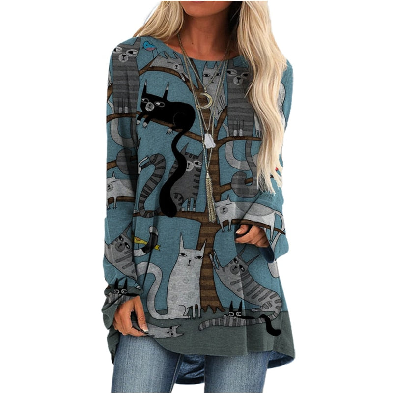 Cartoon Cats On The Tree Print Tshirt Long Sleeve Women Tops Plus Size - myfunfarm