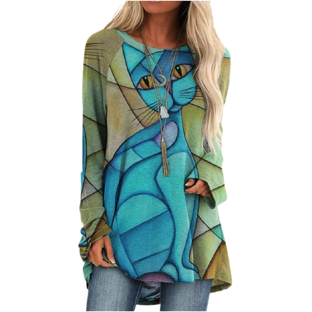 Cartoon Cats On The Tree Print Tshirt Long Sleeve Women Tops Plus Size - myfunfarm