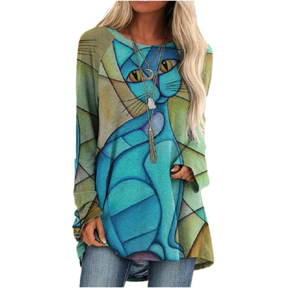 Cartoon Cats On The Tree Print Tshirt Long Sleeve Women Tops Plus Size - myfunfarm