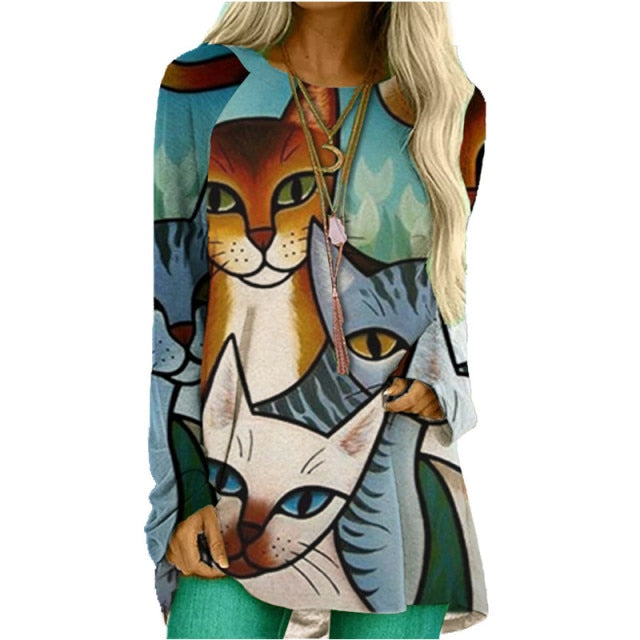 Cartoon Cats On The Tree Print Tshirt Long Sleeve Women Tops Plus Size - myfunfarm