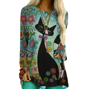 Cartoon Cats On The Tree Print Tshirt Long Sleeve Women Tops Plus Size