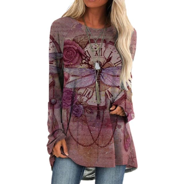 Cartoon Cats On The Tree Print Tshirt Long Sleeve Women Tops Plus Size - myfunfarm