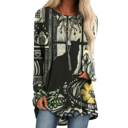 Cartoon Cats On The Tree Print Tshirt Long Sleeve Women Tops Plus Size - myfunfarm