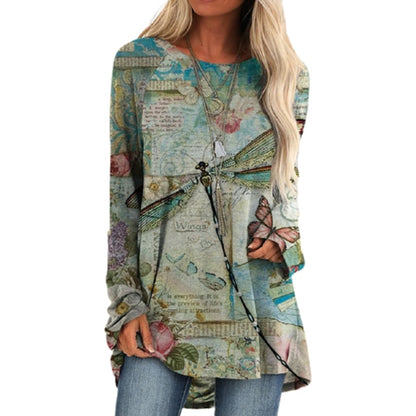 Cartoon Cats On The Tree Print Tshirt Long Sleeve Women Tops Plus Size - myfunfarm