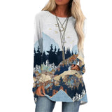 Cartoon Cats On The Tree Print Tshirt Long Sleeve Women Tops Plus Size