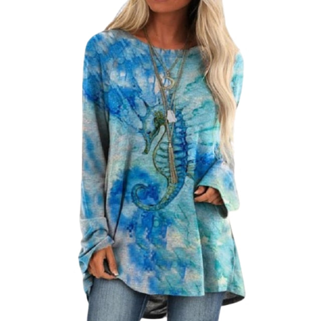 Cartoon Cats On The Tree Print Tshirt Long Sleeve Women Tops Plus Size - myfunfarm