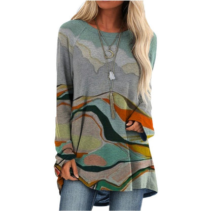 Cartoon Cats On The Tree Print Tshirt Long Sleeve Women Tops Plus Size - myfunfarm