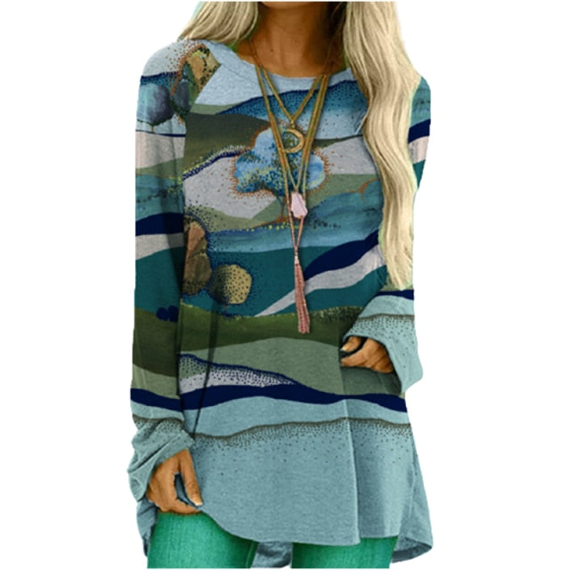 Cartoon Cats On The Tree Print Tshirt Long Sleeve Women Tops Plus Size - myfunfarm