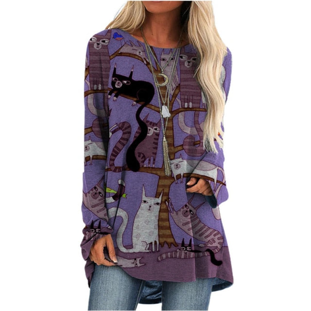 Cartoon Cats On The Tree Print Tshirt Long Sleeve Women Tops Plus Size - myfunfarm