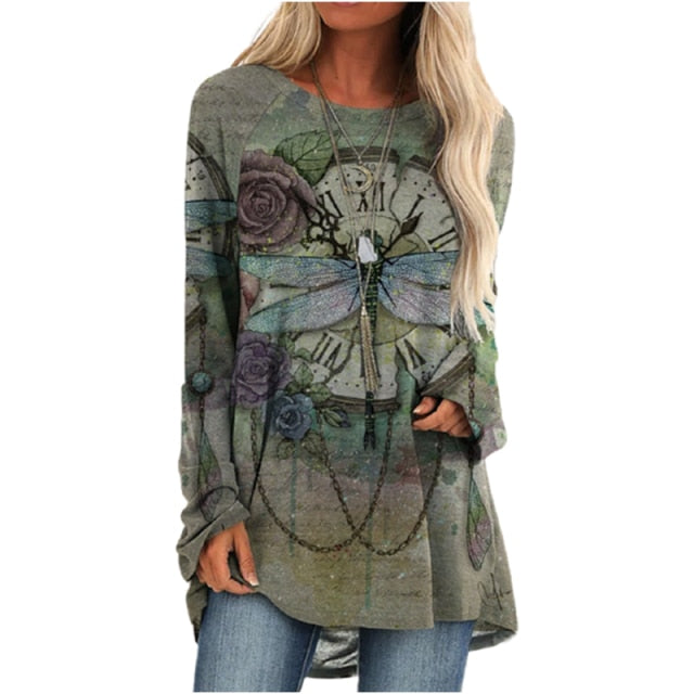 Cartoon Cats On The Tree Print Tshirt Long Sleeve Women Tops Plus Size - myfunfarm