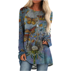 Cartoon Cats On The Tree Print Tshirt Long Sleeve Women Tops Plus Size