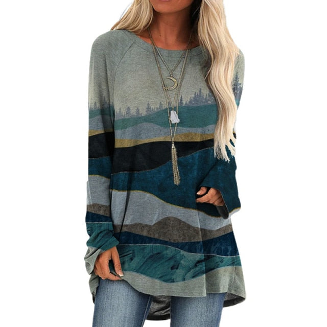 Cartoon Cats On The Tree Print Tshirt Long Sleeve Women Tops Plus Size - myfunfarm