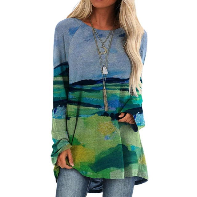 Cartoon Cats On The Tree Print Tshirt Long Sleeve Women Tops Plus Size - myfunfarm